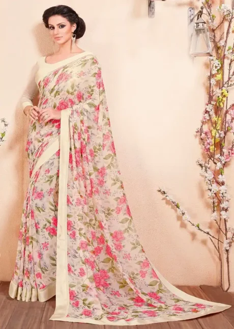 Buy Digital Printed Georgette Saree in Cream