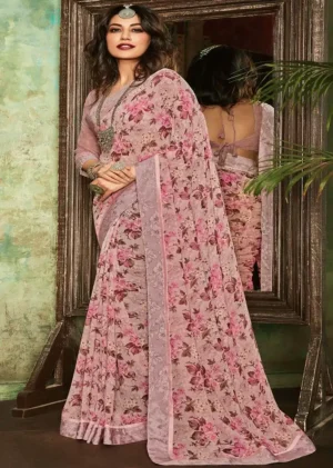 Buy Digital Printed Georgette Saree in Peach