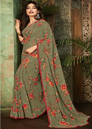 Buy Digital Printed Georgette Saree in Dusty Green