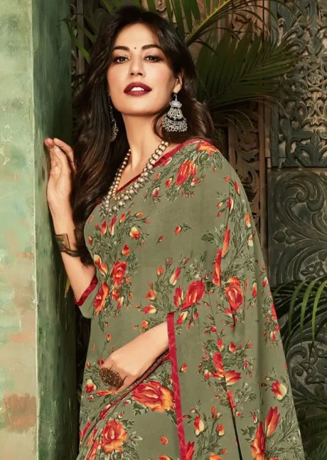 Latest Digital Printed Georgette Saree in Dusty Green