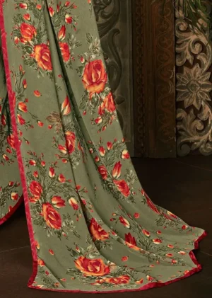 Best Digital Printed Georgette Saree in Dusty Green