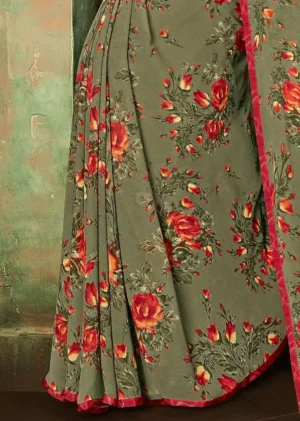 Best Digital Printed Georgette Saree in Dusty Green