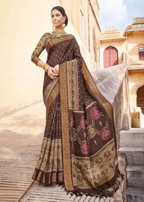 Buy Brown Digital Printed Cotton Silk Saree Online in india - Roop Kashish Sarees