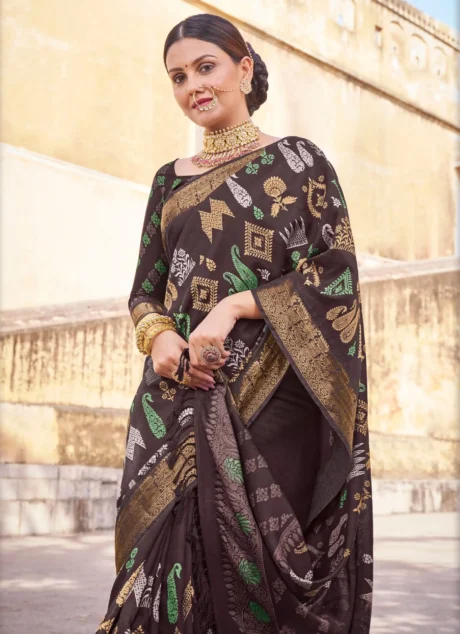 Shop Brown Digital Printed Cotton Silk Saree Online in India - Roop Kashish Sarees