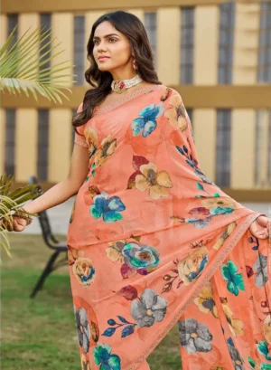 Buy Peach Digital Printed Georgette Saree By Laxmipati