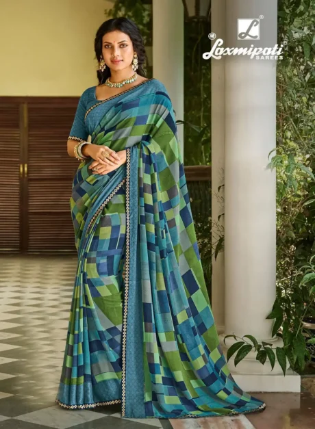 Blue and Green Digital Printed Georgette Saree By Laxmipati