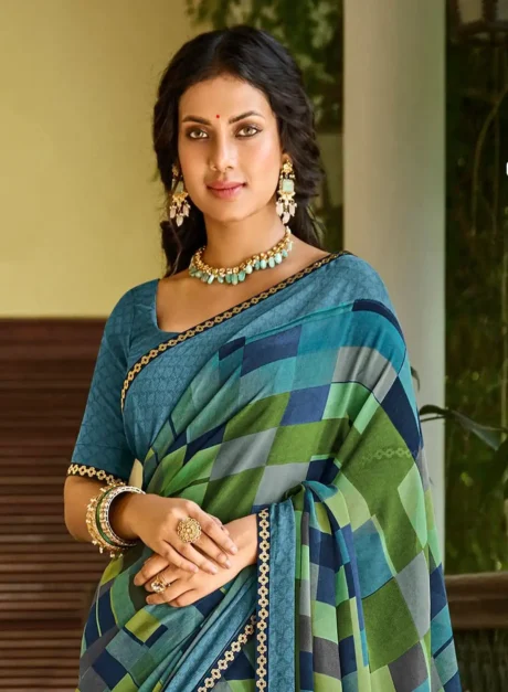 Buy Blue and Green Digital Printed Georgette Saree By Laxmipati