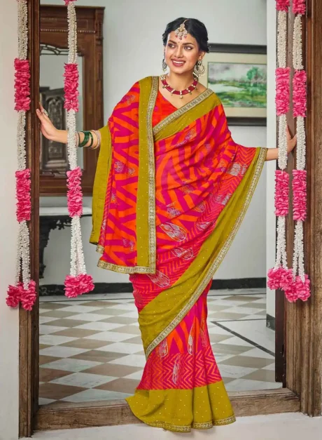 Buy Orange and Pink Digital Printed Chiffon Saree By Laxmipati
