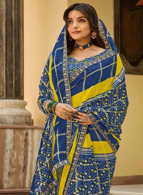 Buy Blue and Yellow Bandhej Printed Chiffon Saree By Laxmipati