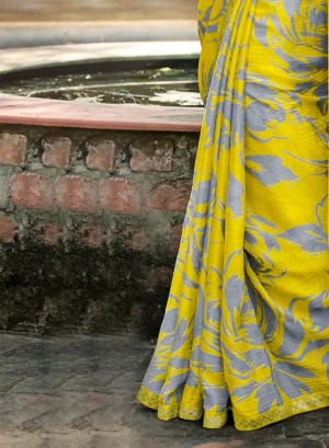 Latest Yellow Digital Printed Chiffon Saree By Laxmipati