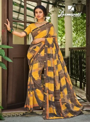 Yellow and Brown Digital Printed Georgette Saree By Laxmipati