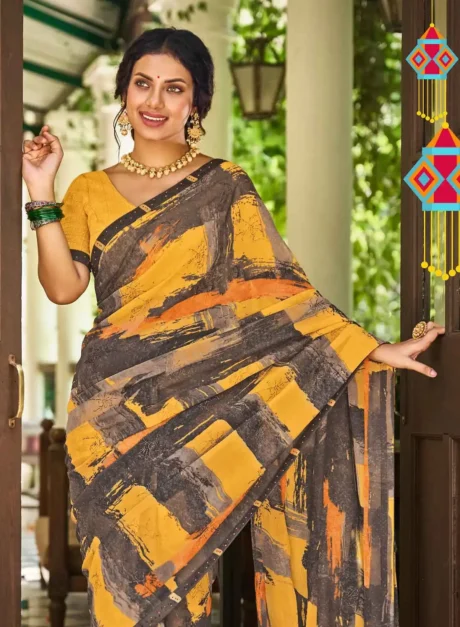 Buy Yellow and Brown Digital Printed Georgette Saree By Laxmipati