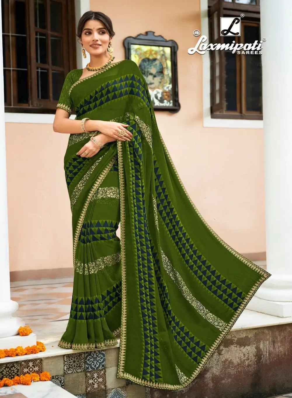 Olive Green Digital Printed Georgette Saree By Laxmipati