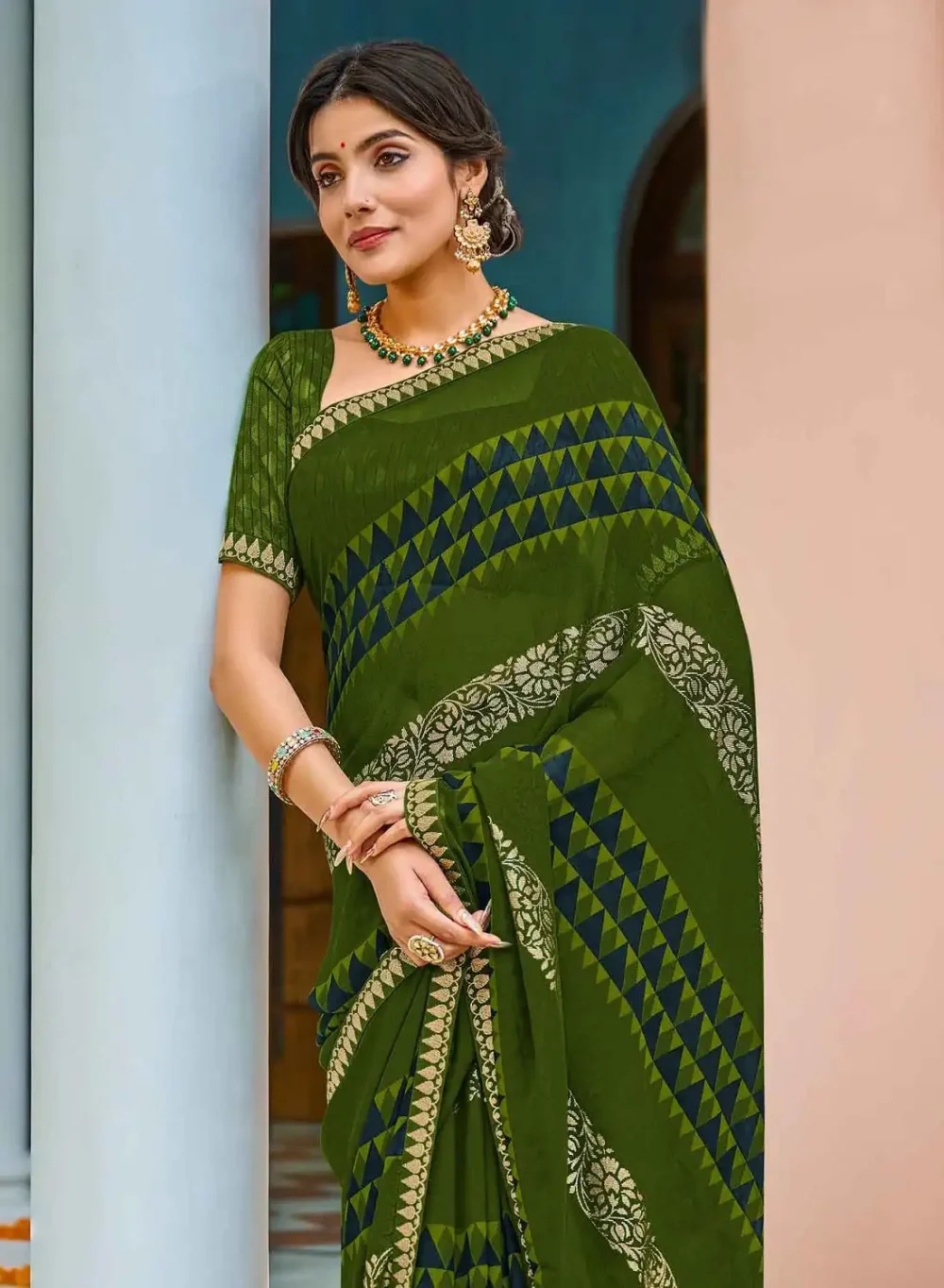 Buy Olive Green Digital Printed Georgette Saree By Laxmipati