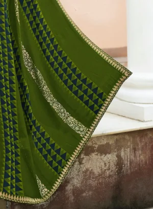 Best Olive Green Digital Printed Georgette Saree By Laxmipati