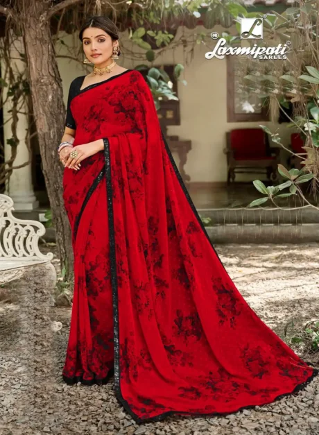 Red Digital Printed Chiffon Brasso Saree By Laxmipati