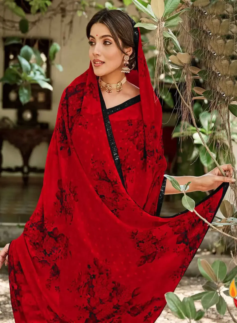 Buy Red Digital Printed Chiffon Brasso Saree By Laxmipati