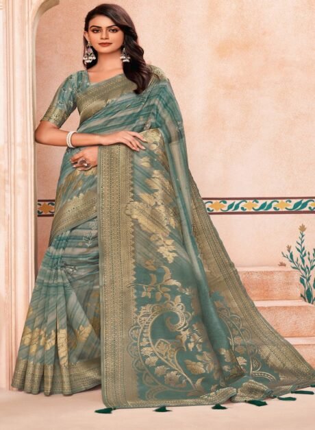 Teal Blue Digital Printed Art Silk Saree